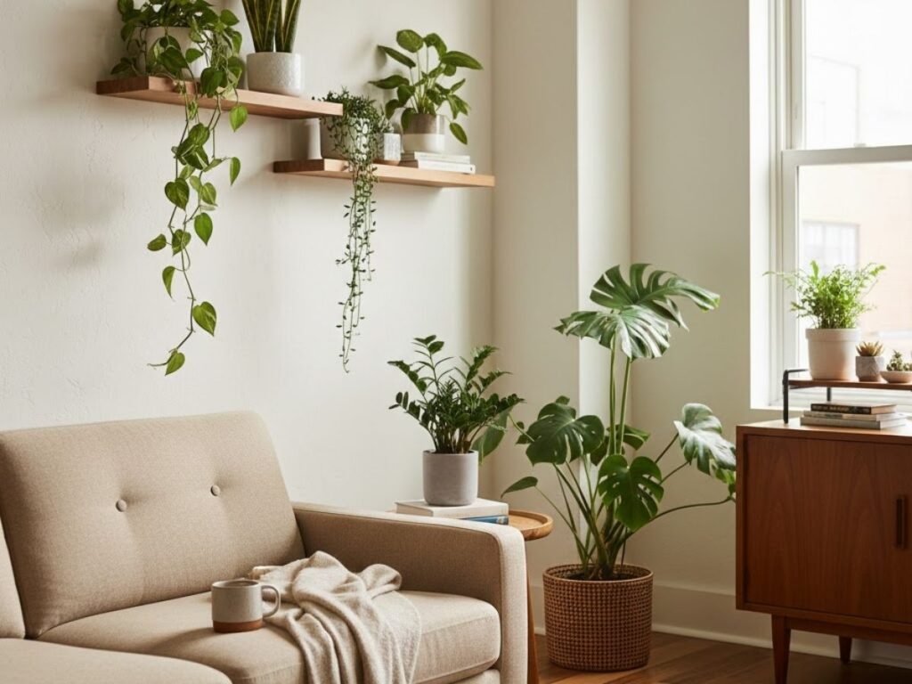 A bright living room with multiple plants, including a Monstera on the floor and several trailing plants on wooden wall shelves.