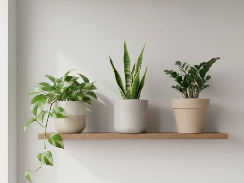 A wooden floating shelf against a light-colored wall holds three potted houseplants: a trailing variegated Pothos, an upright Snake Plant with yellow-edged leaves, and a ZZ plant with glossy dark green foliage.