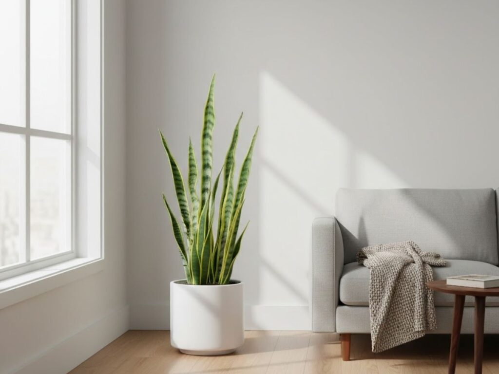 A wide-angle view of a sunlit living room with a large, upright Snake Plant in a white cylindrical planter positioned between a window and a light grey sofa.