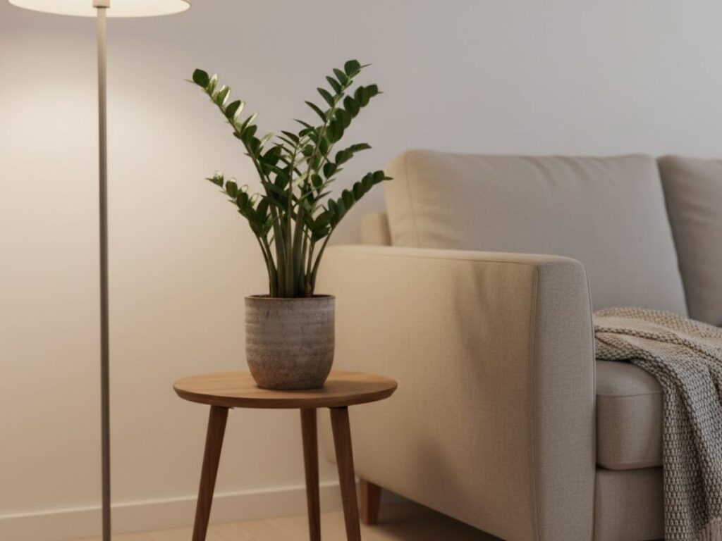 A ZZ plant in a textured grey pot sitting on a small wooden side table next to a beige sofa and a glowing floor lamp.