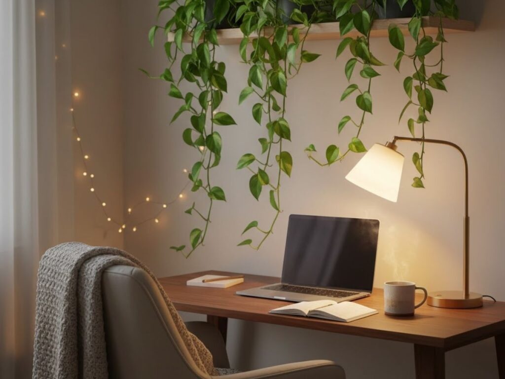 A cozy home workspace featuring a wooden desk with a laptop and a lamp, topped by a shelf of lush, trailing pothos plants.