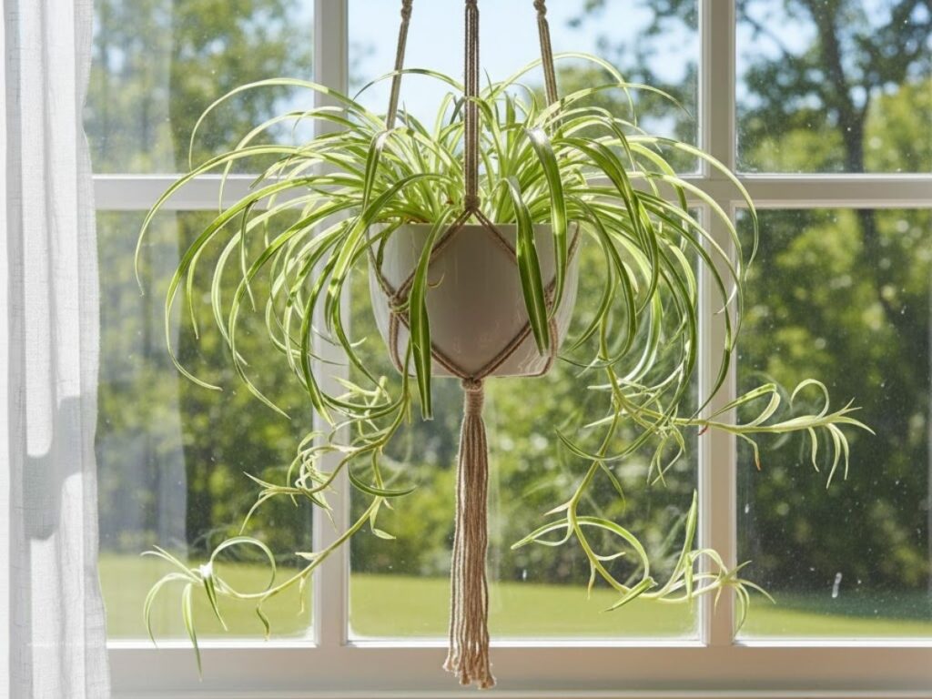 A spider plant in a white pot hangs from a macramé planter in front of a bright window overlooking a green yard.