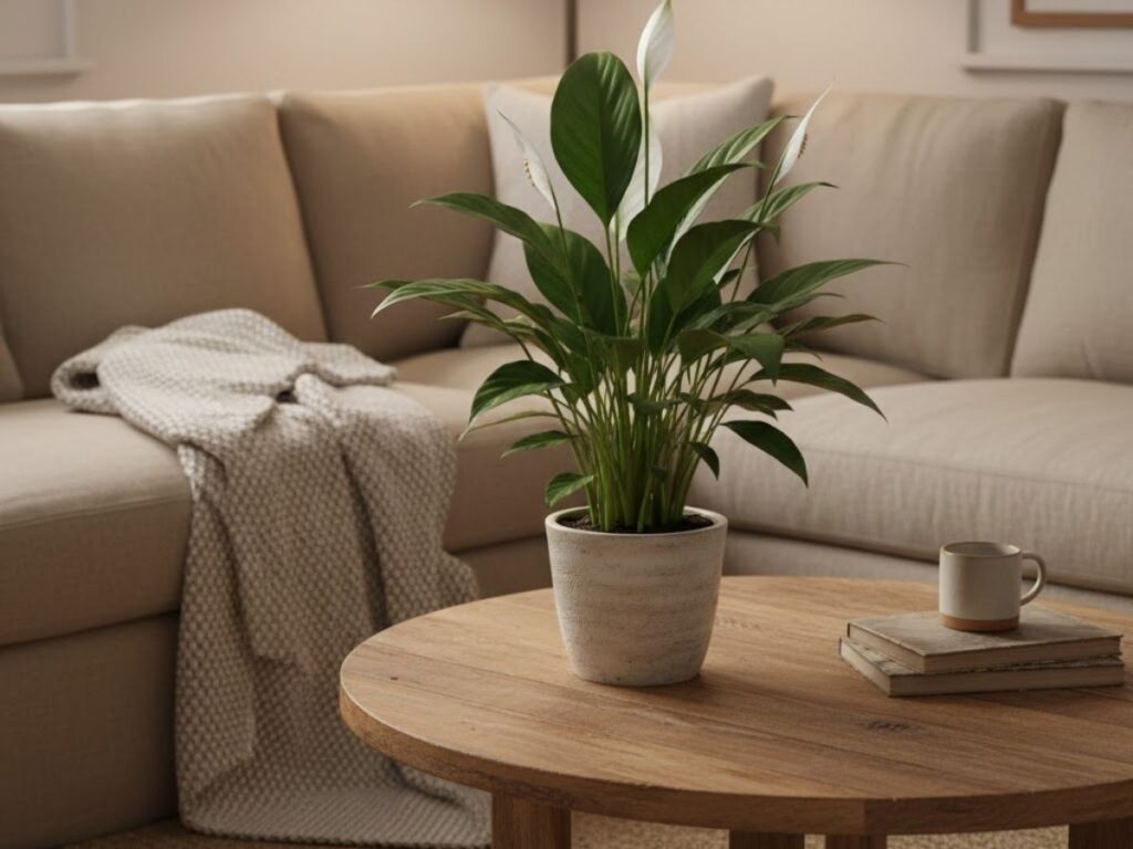 A blooming peace lily in a white ceramic pot sits on a round wooden coffee table in a cozy living room.