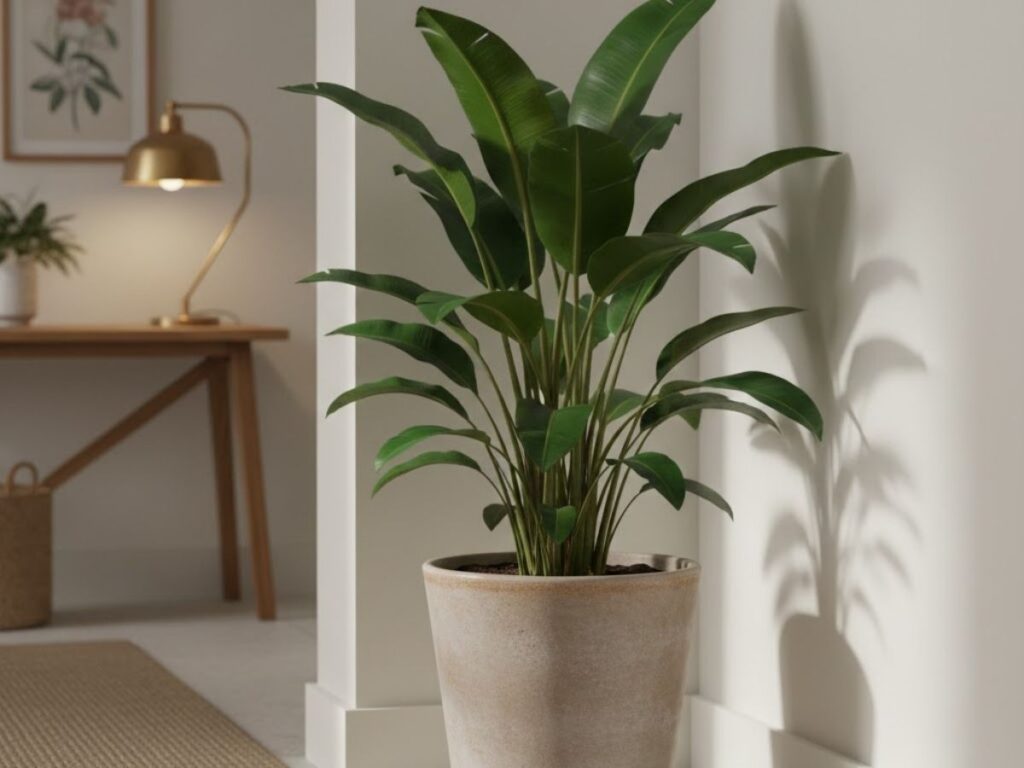 A large Bird of Paradise plant in a tall, light-colored ceramic pot stands in a bright corner next to a wooden desk.