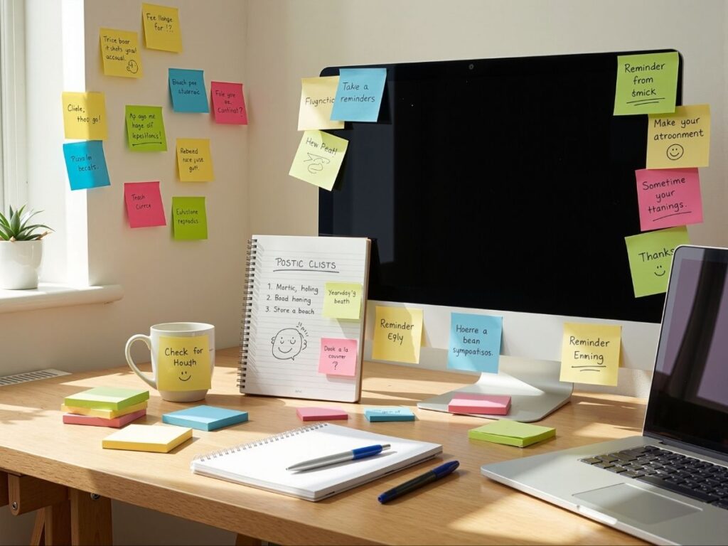 A desk cluttered with a monitor, a laptop, notebooks, and colorful sticky notes covering the wall and monitor screen.
