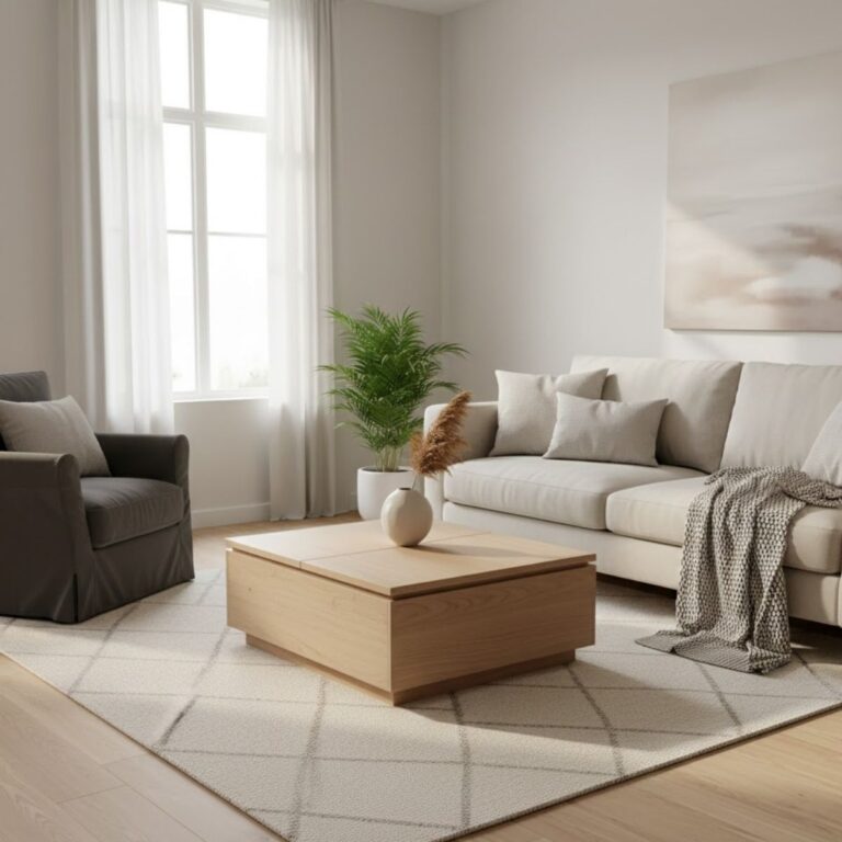 Minimalist living room with a light wood coffee table with hidden storage, a white sofa, and a gray armchair.
