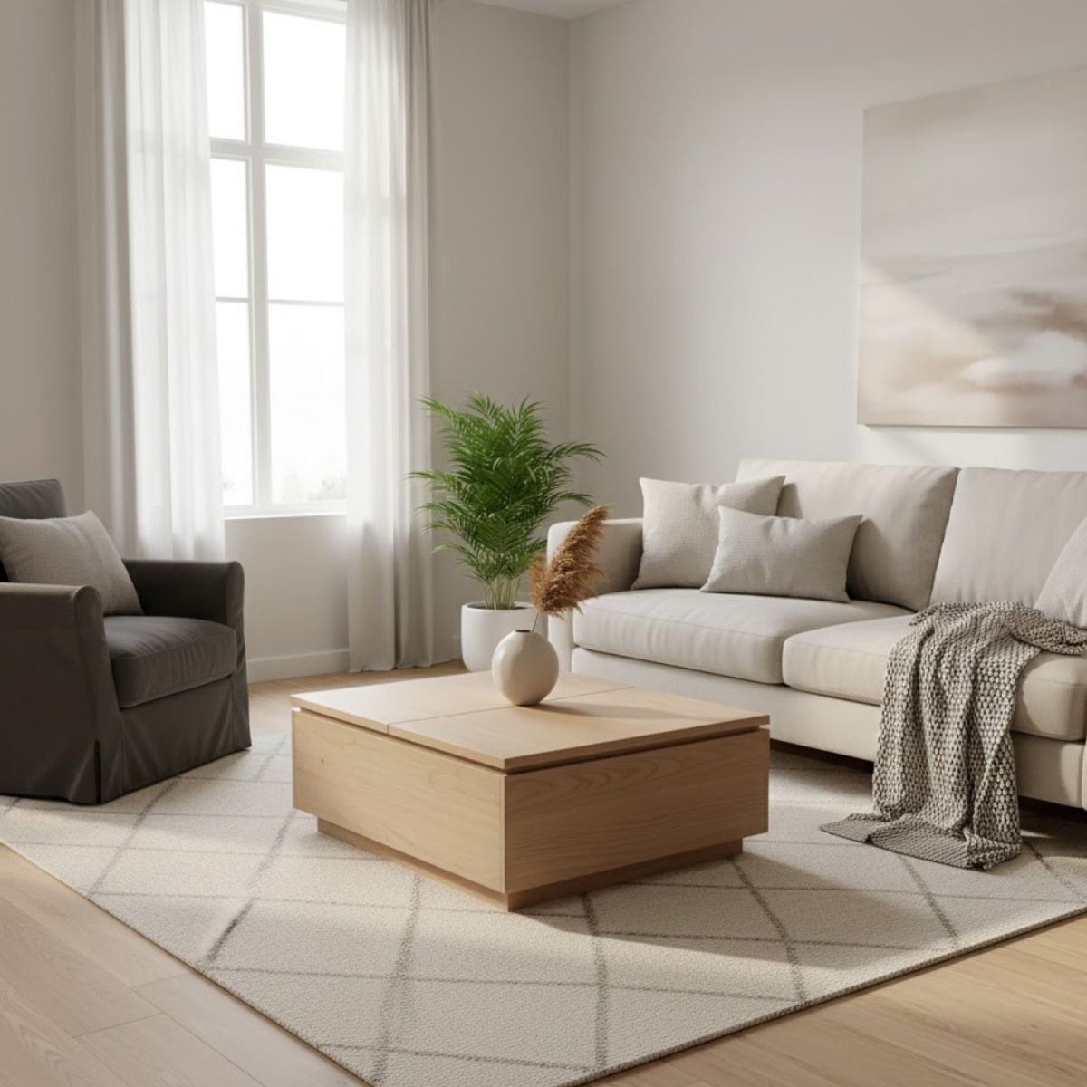 Minimalist living room with a light wood coffee table with hidden storage, a white sofa, and a gray armchair.