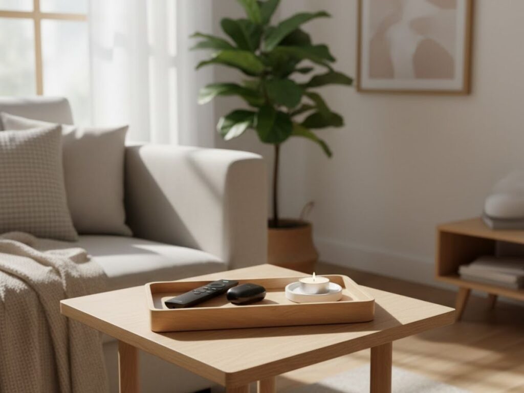 Close-up of a small wooden side table with a tray holding remotes and a lit candle.