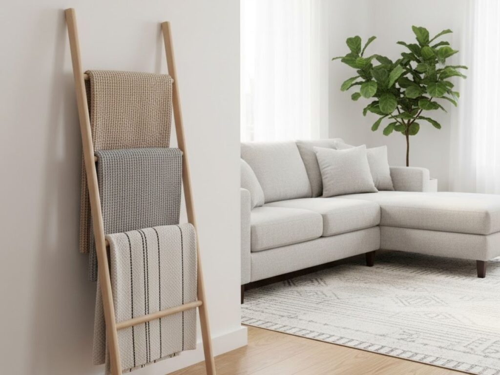 Wooden blanket ladder leaned against a white wall with three textured throws hanging on it.