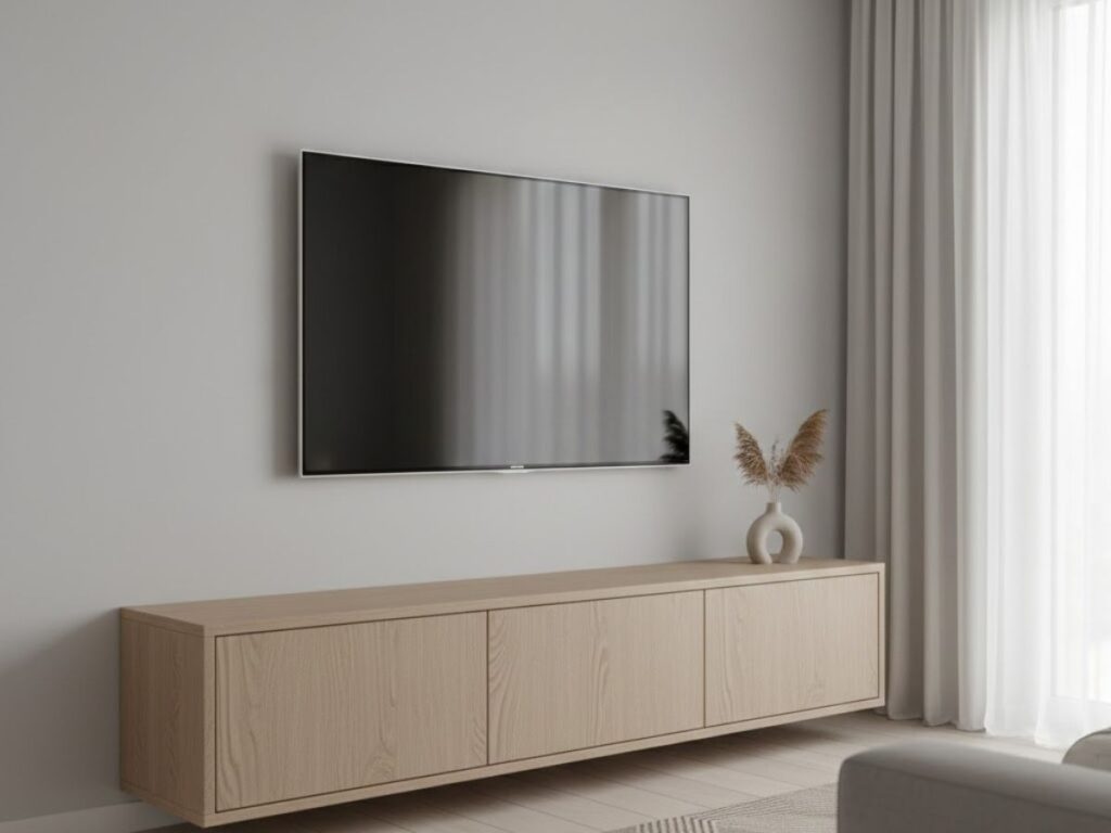 Minimalist living room with a light wood coffee table with hidden storage, a white sofa, and a gray armchair.