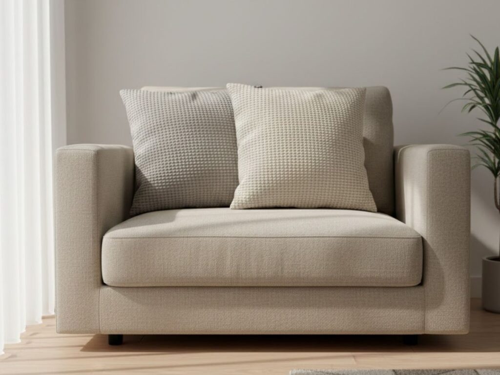 Close-up of a neutral, textured armchair with two patterned throw pillows.