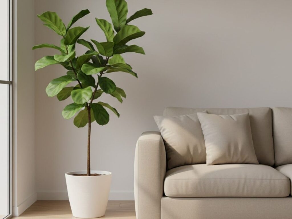 Fiddle-leaf fig plant in a white pot next to a beige sofa by a window.
