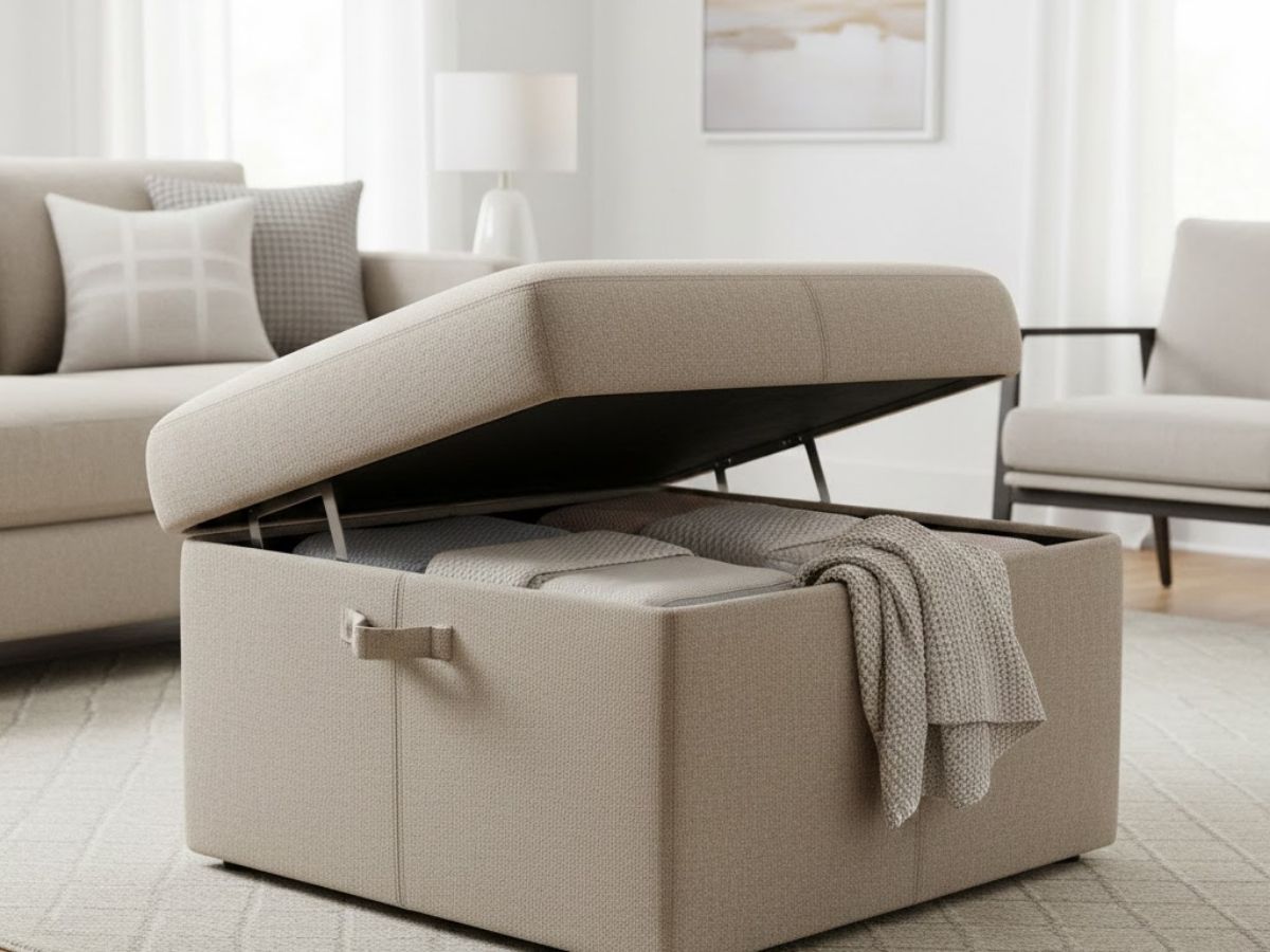 Square, upholstered storage ottoman in a neutral living room with its lid lifted.