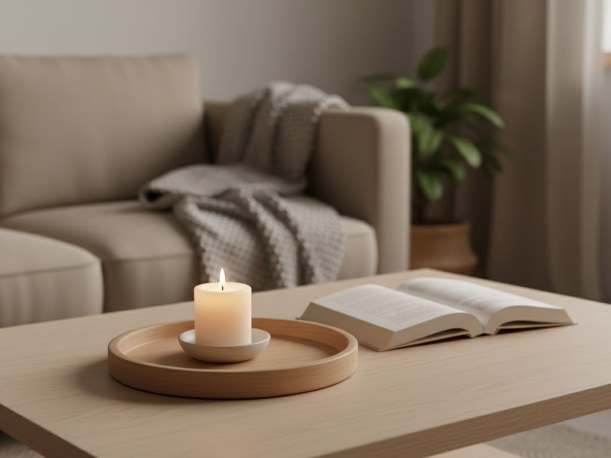 Close-up of a lit candle and an open book on a light wood coffee table in a cozy living room.