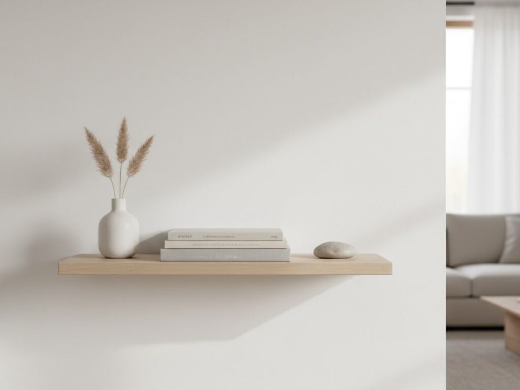 Close-up of a decorative light wood floating shelf with a small vase, stack of books, and a stone.