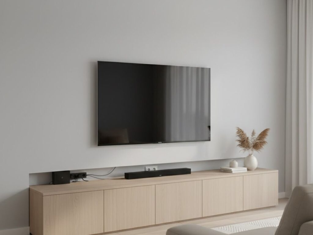 Long, light wood media console with hidden storage under a wall-mounted TV.