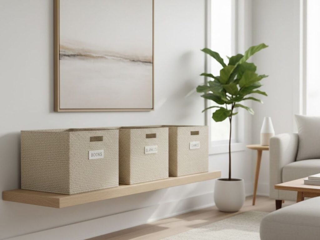 Floating shelf holding three labeled woven storage bins for books, blankets, and games in a living room.