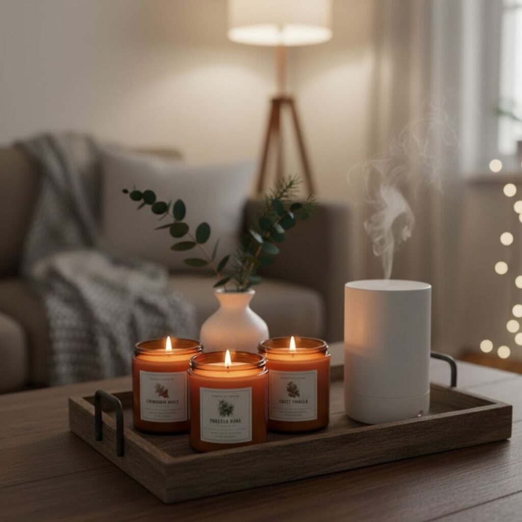 A wooden tray holding three lit amber jar candles, a small white vase with greenery, and a steaming white essential oil diffuser in a cozy living room