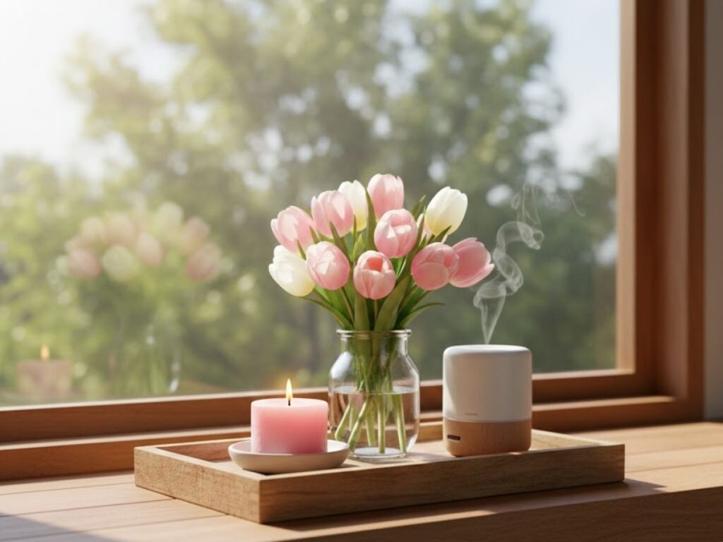 A wooden tray on a sunlit window sill holding a pink candle, a glass vase of pink and white tulips, and a small essential oil diffuser