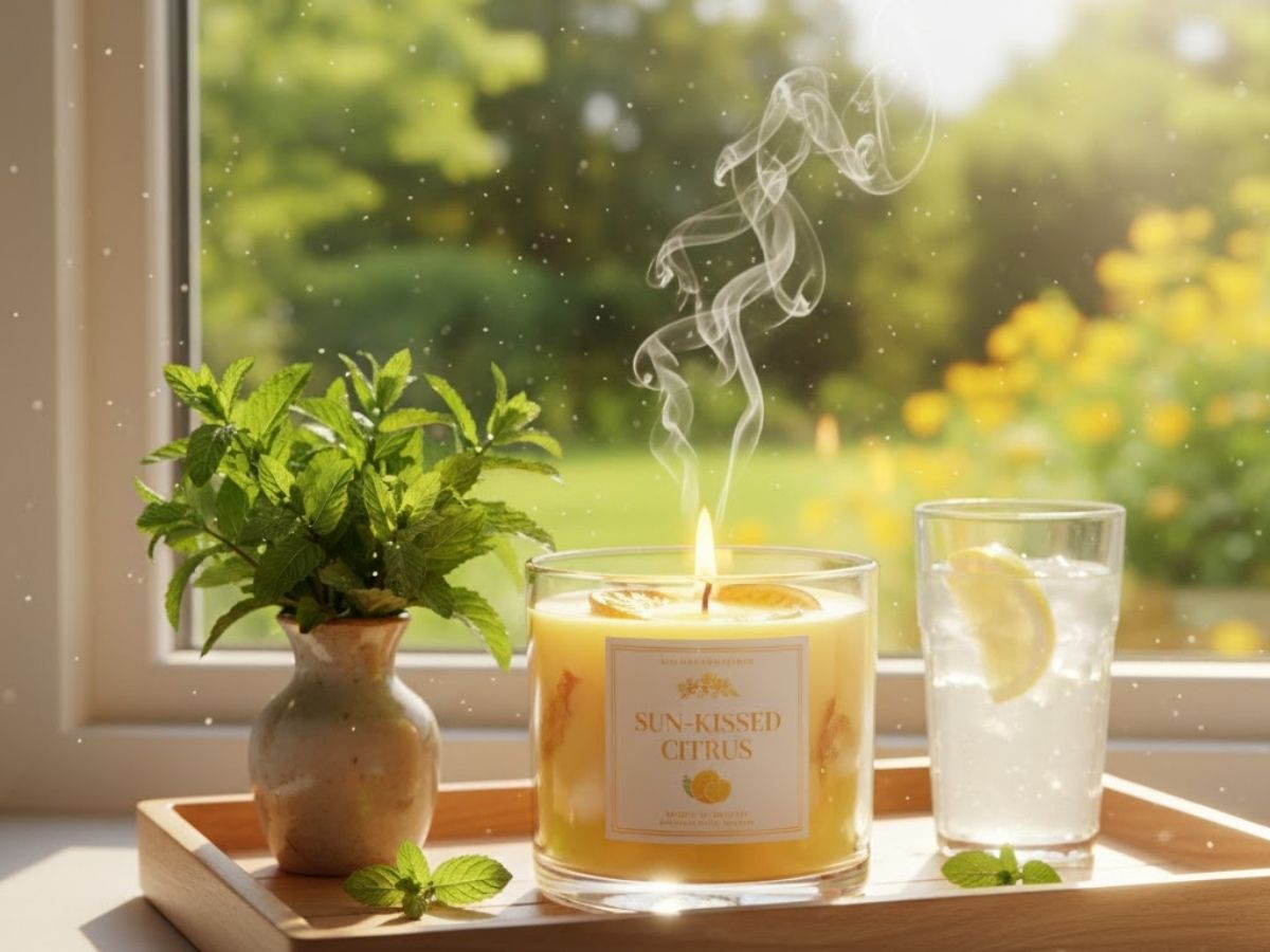 A wooden tray on a window sill holding a lit "Sun-Kissed Citrus" candle, a small vase of mint, and a glass of iced lemon water