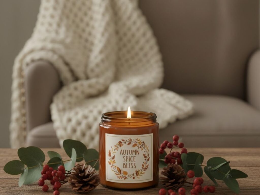 An "Autumn Spice Bliss" candle on a wooden table surrounded by pinecones, red berries, and eucalyptus, with a cozy knit blanket in the background
