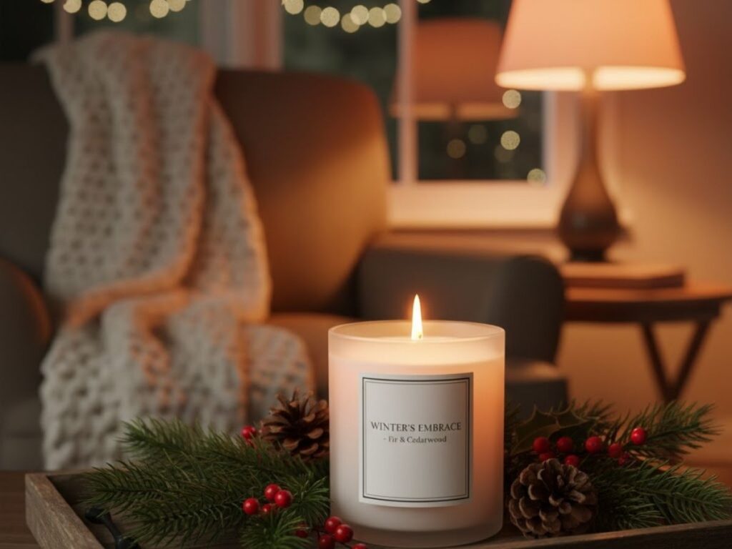 A frosted glass "Winter's Embrace" candle on a wooden tray with pine needles, pinecones, and red berries in a warmly lit room