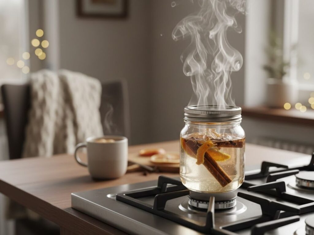 A glass jar with cinnamon sticks and orange peels simmering on a stovetop, releasing steam