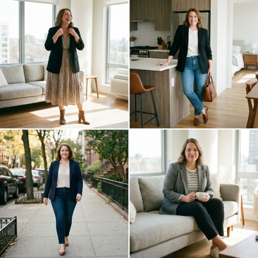 Woman wearing smart casual blazer outfit indoors

