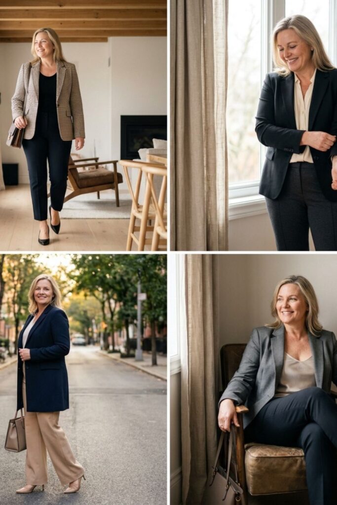 Woman styling relaxed blazer outfit with jeans
