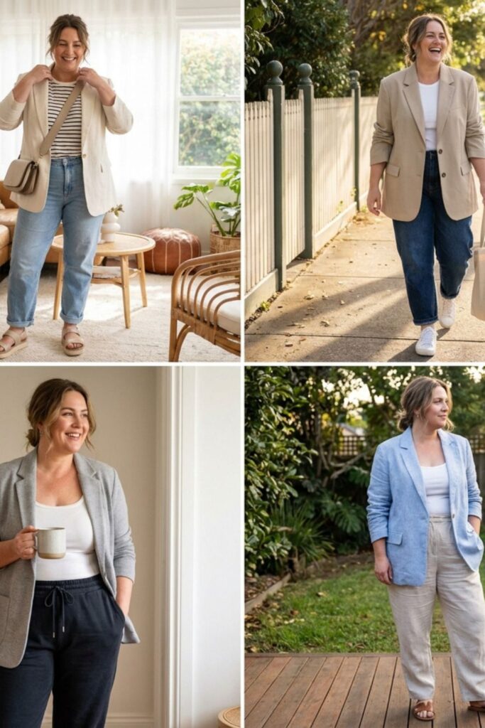 Woman wearing casual blazer outfit outdoors