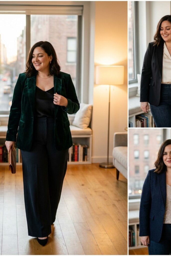Woman modeling blazer outfits at home