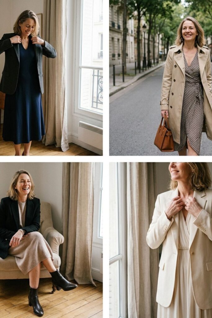 Woman styling blazer with dress indoors