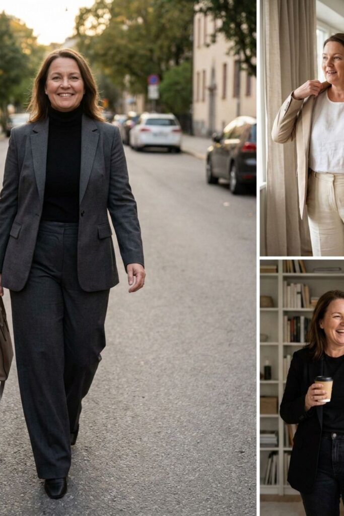 Woman wearing tailored blazer outfit walking outdoors