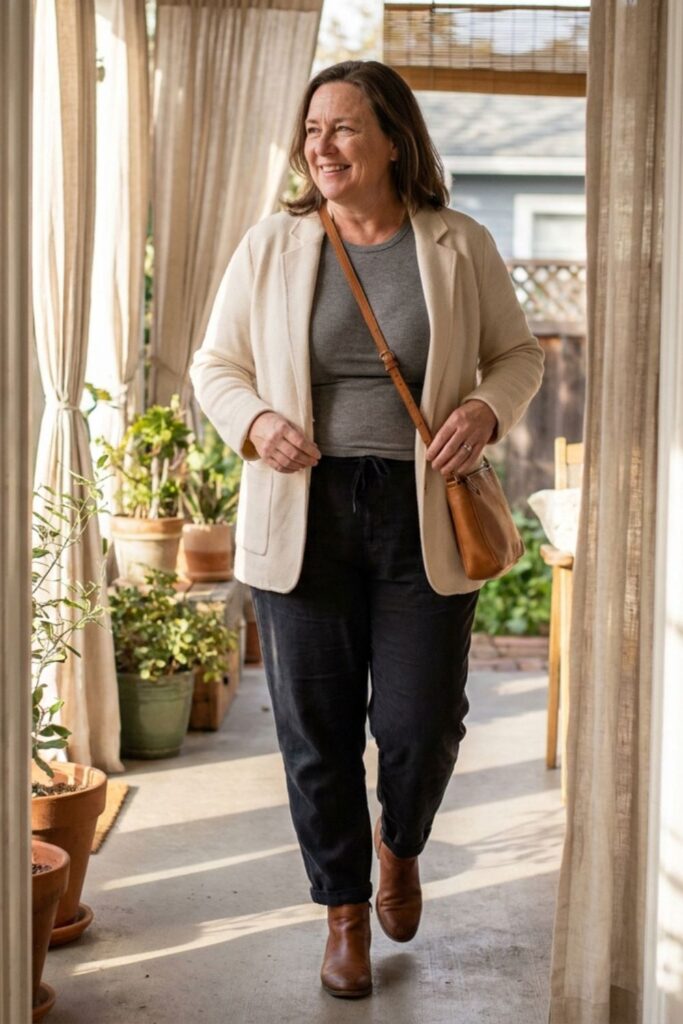 Woman wearing neutral blazer outfit indoors and outside

