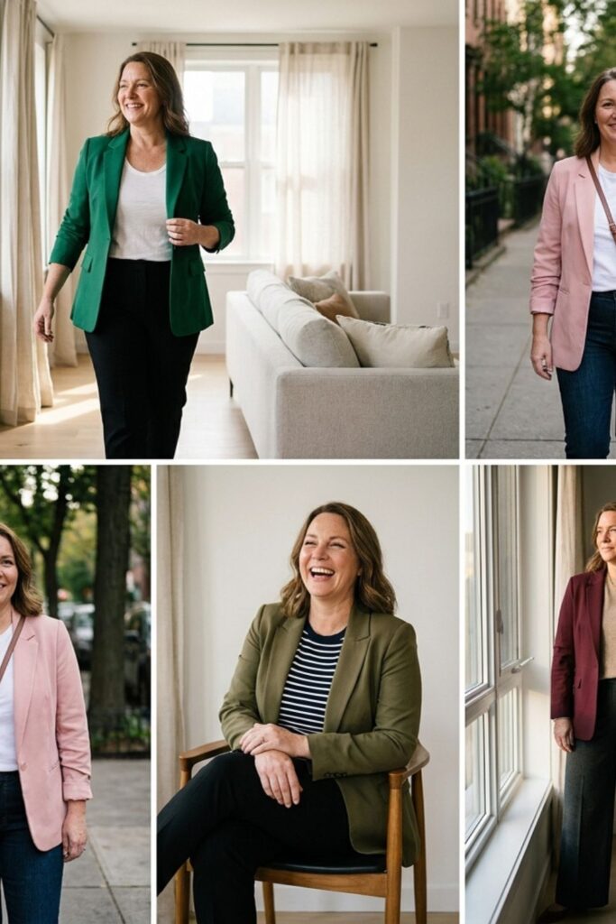 Woman wearing neutral blazer outfit indoors and outside

