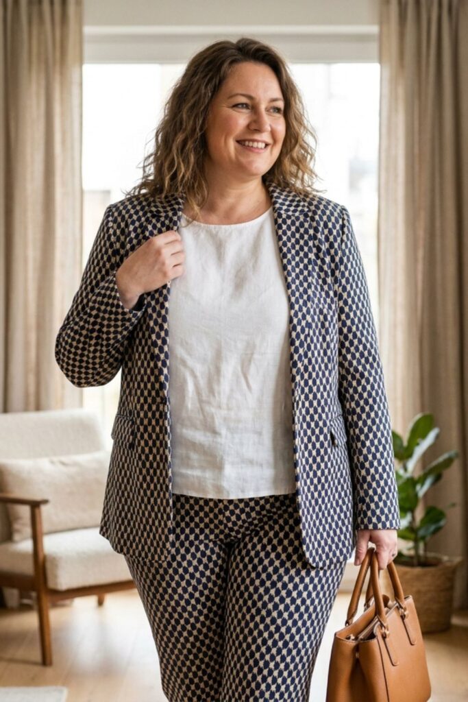 Woman in patterned blazer suit holding handbag