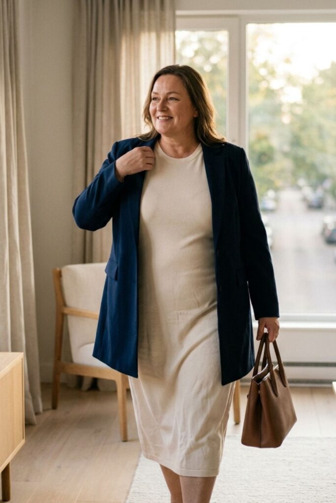 Woman in neutral outfit walking indoors with handbag