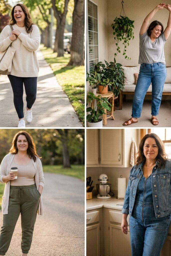 Women wearing casual everyday outfits in different settings