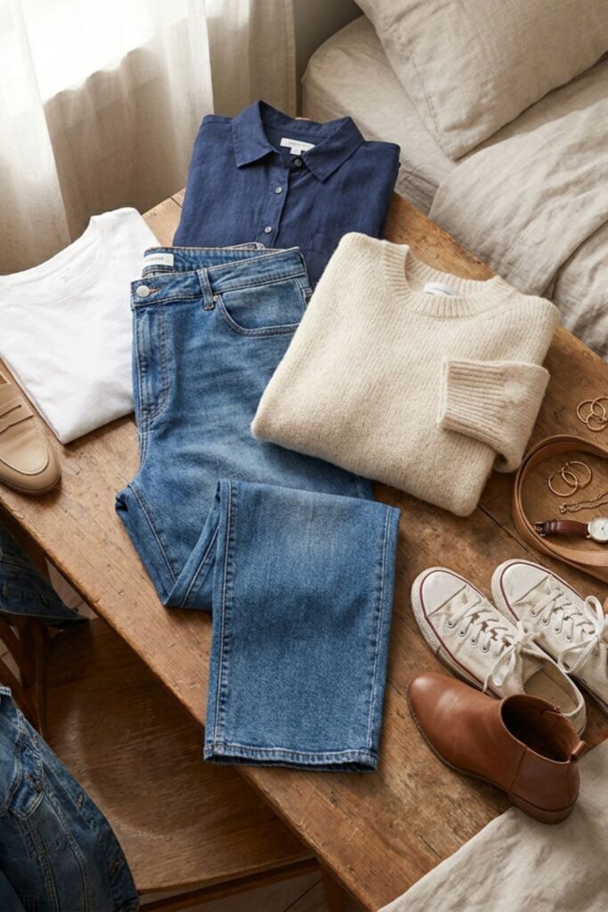 Flat lay of casual wardrobe essentials