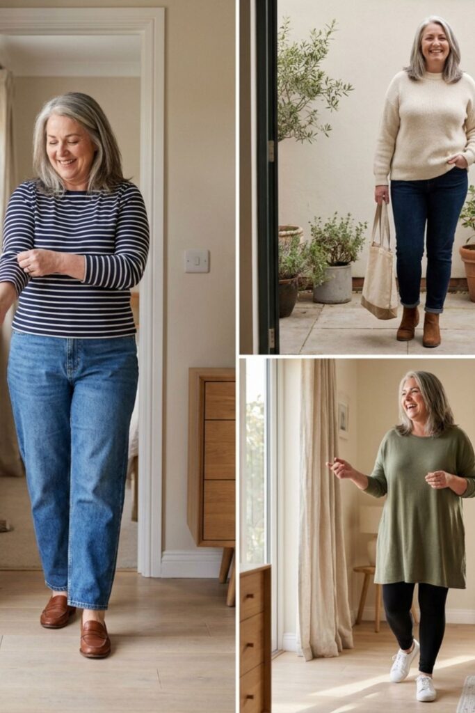 Women modeling comfortable casual outfits indoors