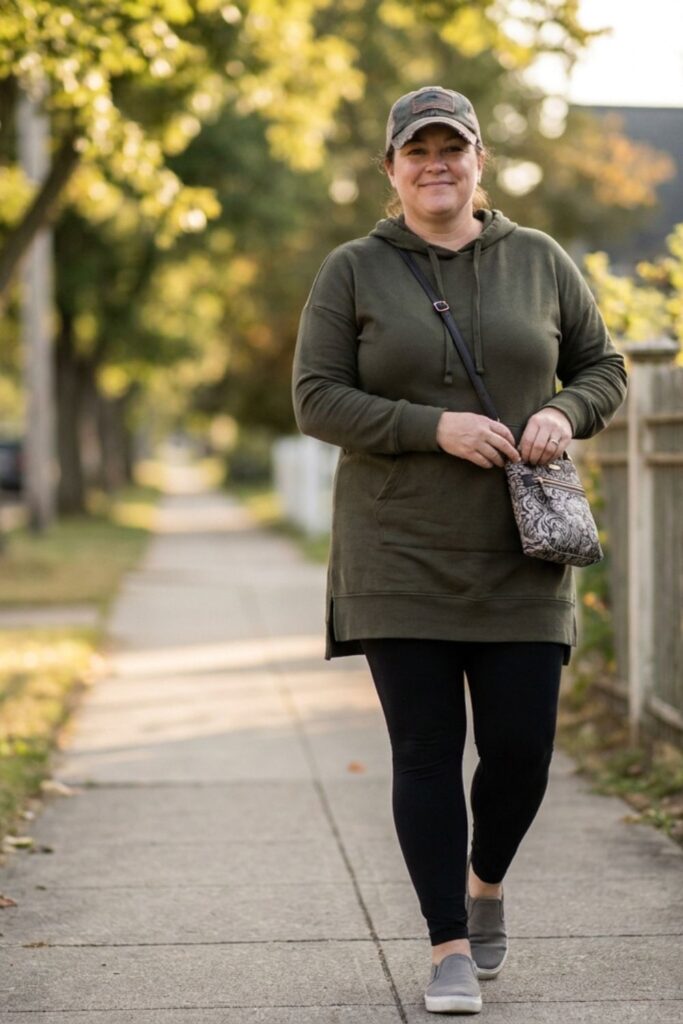 Woman in athleisure outfit walking outdoors