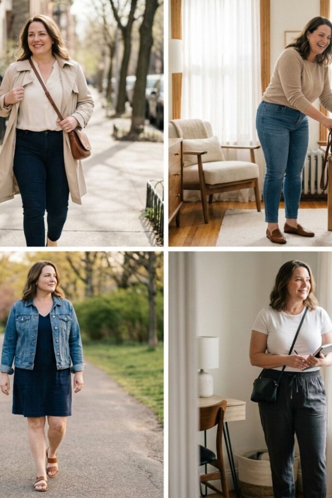 Women in everyday outfits at home and outdoors