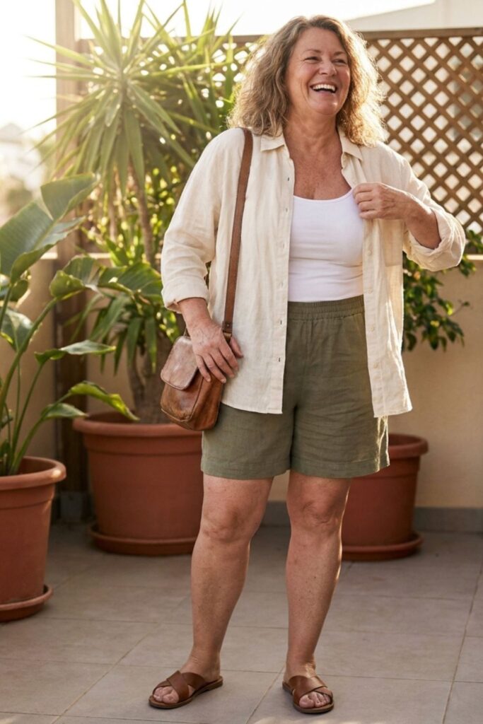 Woman smiling in summer outfit on patio