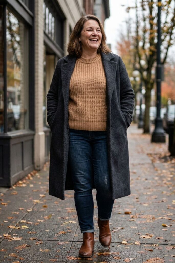 Woman in fall outfit walking on city street