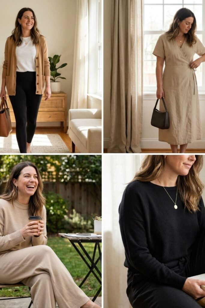 Women styling everyday outfits at home