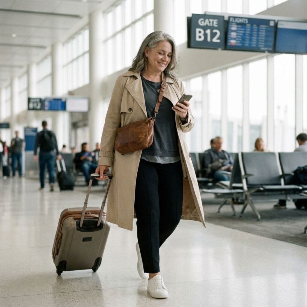 Woman in trench coat pulling suitcase through airport