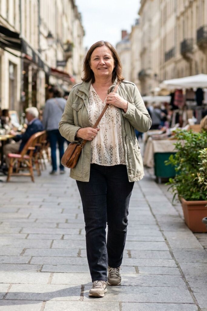 Woman sightseeing in casual outfit on European street
