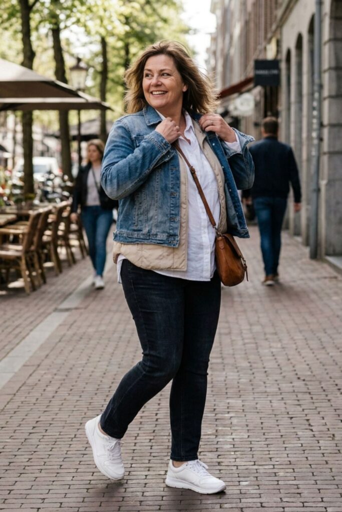 Woman in denim jacket and casual outfit walking in city