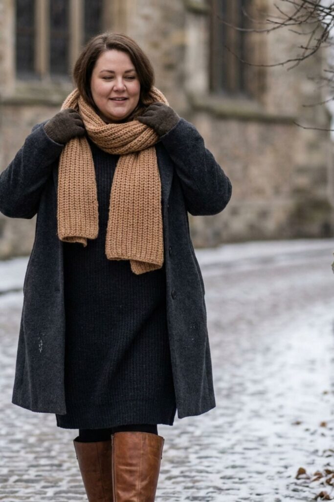 Woman in winter coat and scarf walking on snowy street