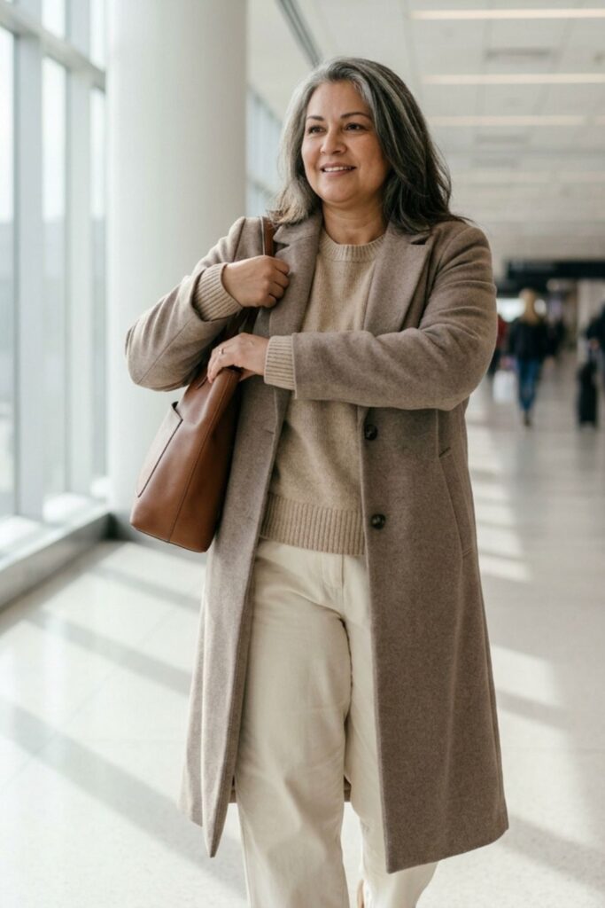 Woman in neutral travel outfit walking through airport terminal